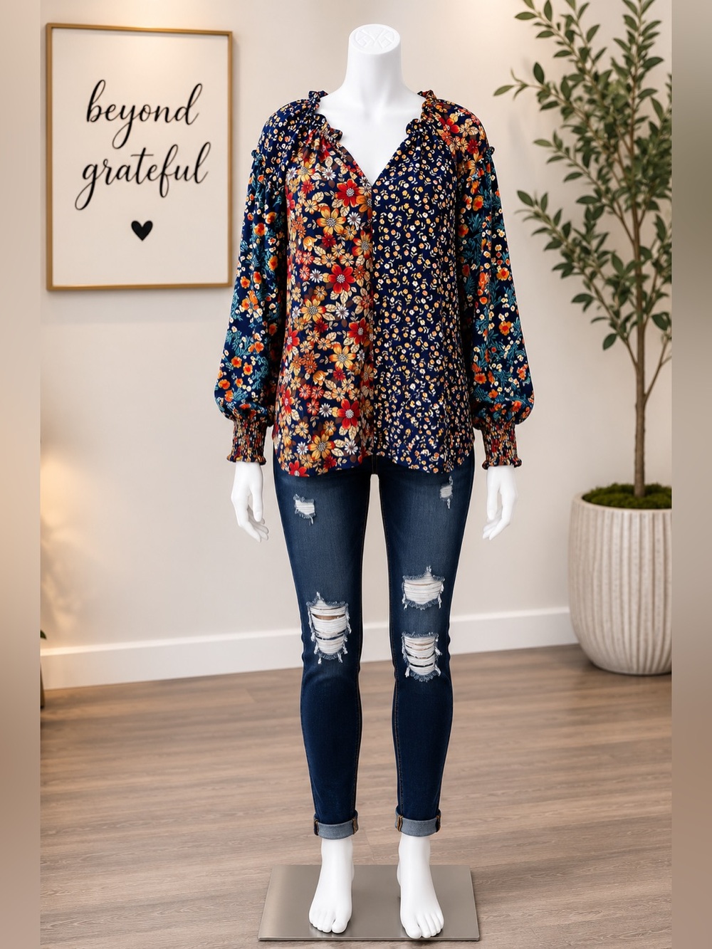 Umgee Navy Multi Floral Patchwork V-Neck Blouse